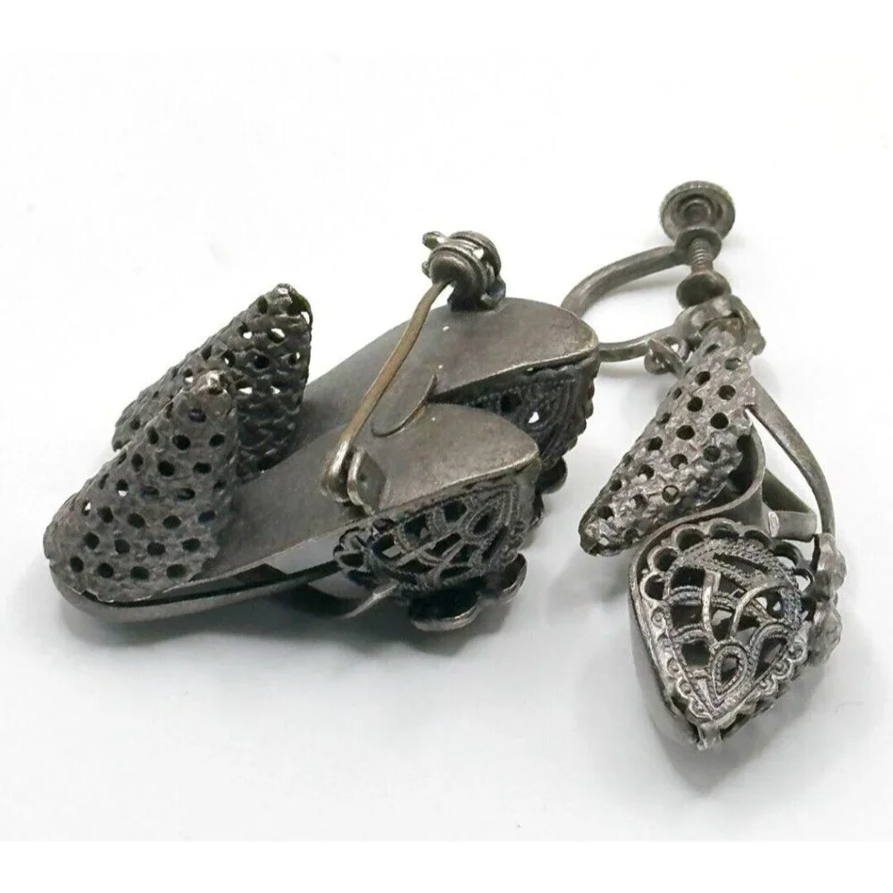 Unusual Filigree Floral Shoe Pin Brooch & Screw‎ Back Earrings